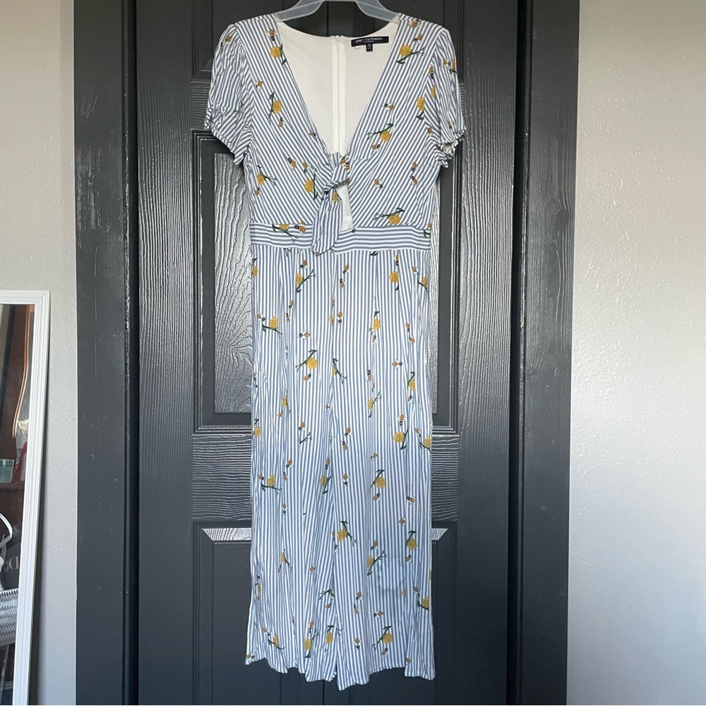 One Clothing mid calf blue and white striped with honeybee print jumpsuit size M